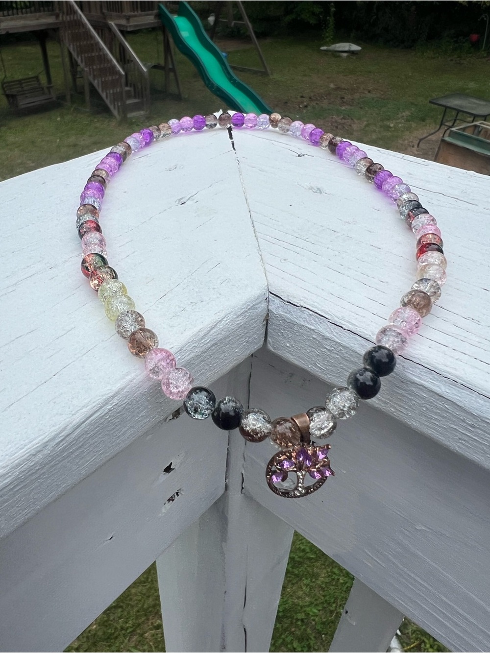 Multi-Colored Glass Beaded Necklace with Purple Tree Crystal Charm